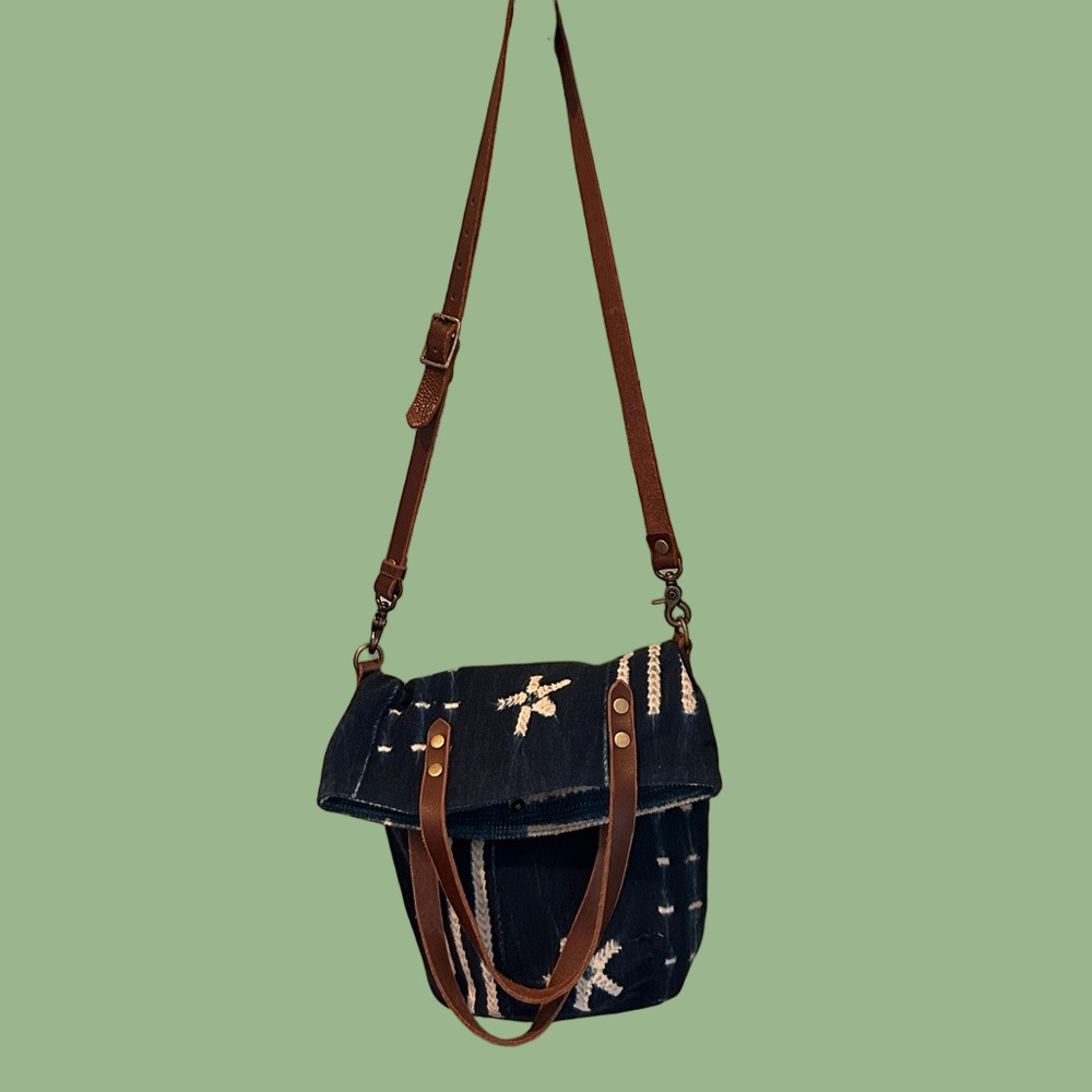West African Mud Cloth Mali Barrel Bucket Bag Genuine Leather Hand Crafted - Picture 10 of 16